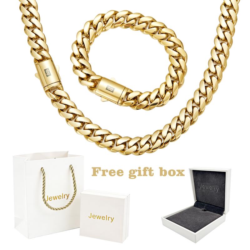 8-14MM Black S Clasp 14K Gold Cuban Link Chain Necklace Bracelet Set For Men Chunky Hip Hop Jewelry Stainless Steel Chain-TTT