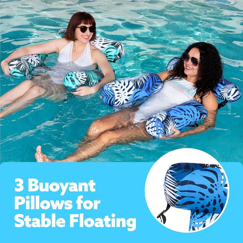 Floating Water Hammock Lounge Chair, 4-in-1 Inflatable Pool Float with Headrest, Comfortable Pool Chair for Adults, Tropical Print-TTT