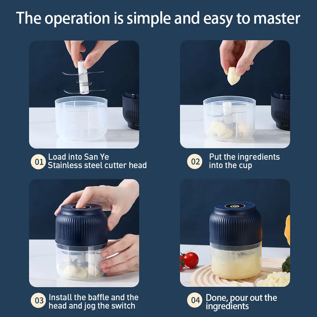 Portable Electric Garlic Chopper 300ML 4 Sharp Blades, Wireless Veggie Fruit Meat Spice Processor-VIM