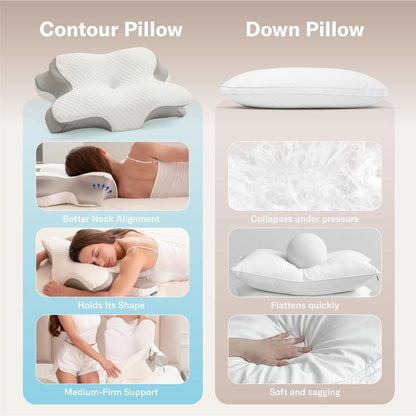Contoured Memory Foam Pillow, Ergonomic Cervical Pillow for Neck and Shoulder Pain Relief, Supportive Pillow for Side, Back, and Stomach Sleepers-TTT