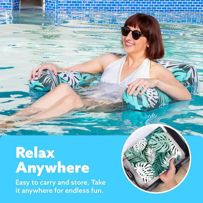 Floating Water Hammock Lounge Chair, 4-in-1 Inflatable Pool Float with Headrest, Comfortable Pool Chair for Adults, Tropical Print-TTT