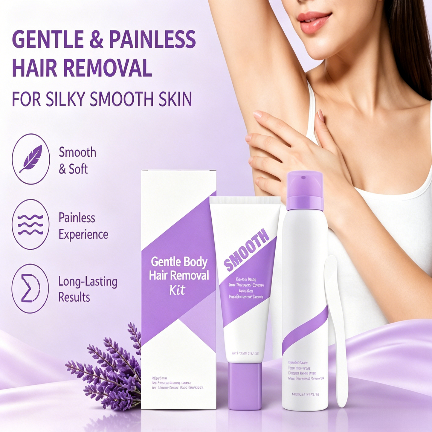 💜 No-Stress Hair Removal Kit - Painless, Long-Lasting Cream & Mousse for Legs, Arms, Underarms & Bikini, Silky Smooth Results