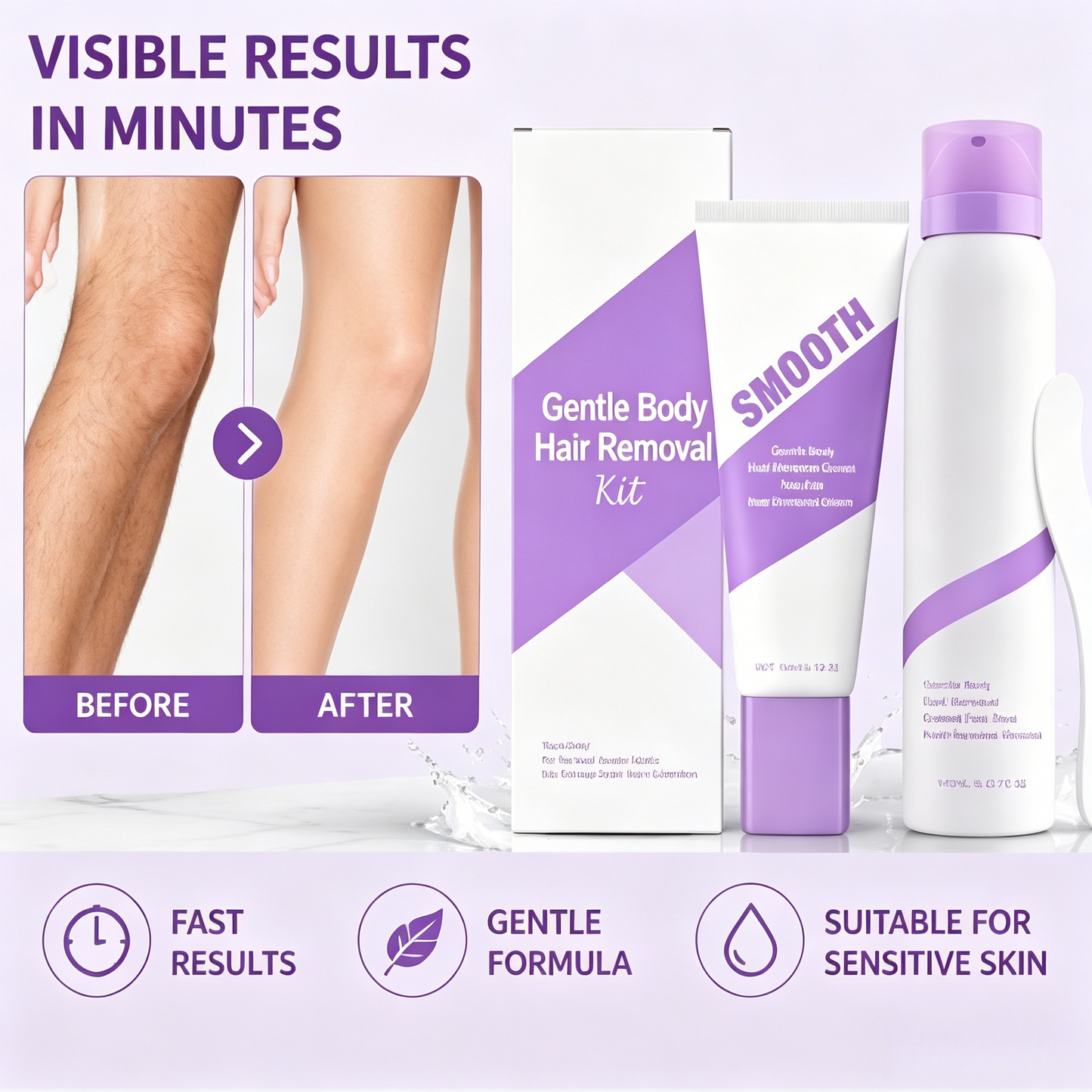 💜 No-Stress Hair Removal Kit - Painless, Long-Lasting Cream & Mousse for Legs, Arms, Underarms & Bikini, Silky Smooth Results
