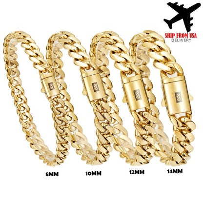 8-14MM Black S Clasp 14K Gold Cuban Link Chain Necklace Bracelet Set For Men Chunky Hip Hop Jewelry Stainless Steel Chain-TTT