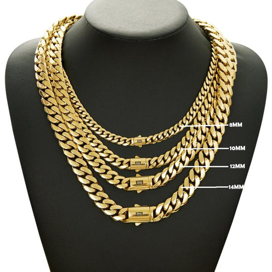 8-14MM Black S Clasp 14K Gold Cuban Link Chain Necklace Bracelet Set For Men Chunky Hip Hop Jewelry Stainless Steel Chain-TTT