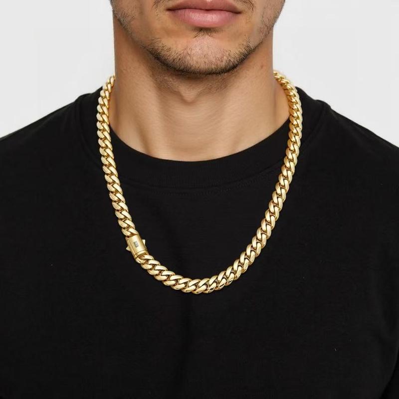 8-14MM Black S Clasp 14K Gold Cuban Link Chain Necklace Bracelet Set For Men Chunky Hip Hop Jewelry Stainless Steel Chain-TTT
