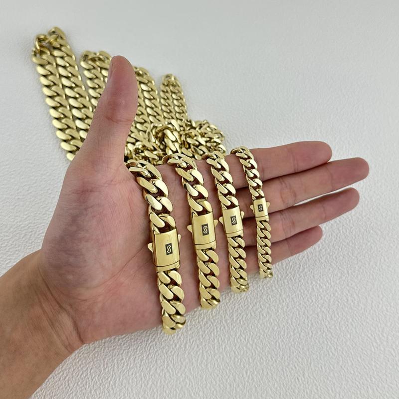 8-14MM Black S Clasp 14K Gold Cuban Link Chain Necklace Bracelet Set For Men Chunky Hip Hop Jewelry Stainless Steel Chain-TTT