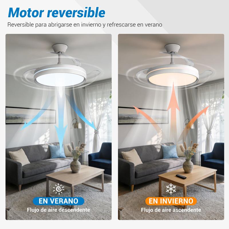 Retractable Ceiling Fan with LED Light, 3-Color Dimmable Flush Mount Fan Light with Remote Control, Modern Low Profile Ceiling Fan for Bedroom Living Room-TTT