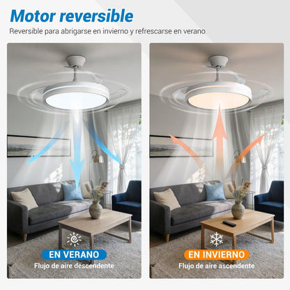 Retractable Ceiling Fan with LED Light, 3-Color Dimmable Flush Mount Fan Light with Remote Control, Modern Low Profile Ceiling Fan for Bedroom Living Room-TTT