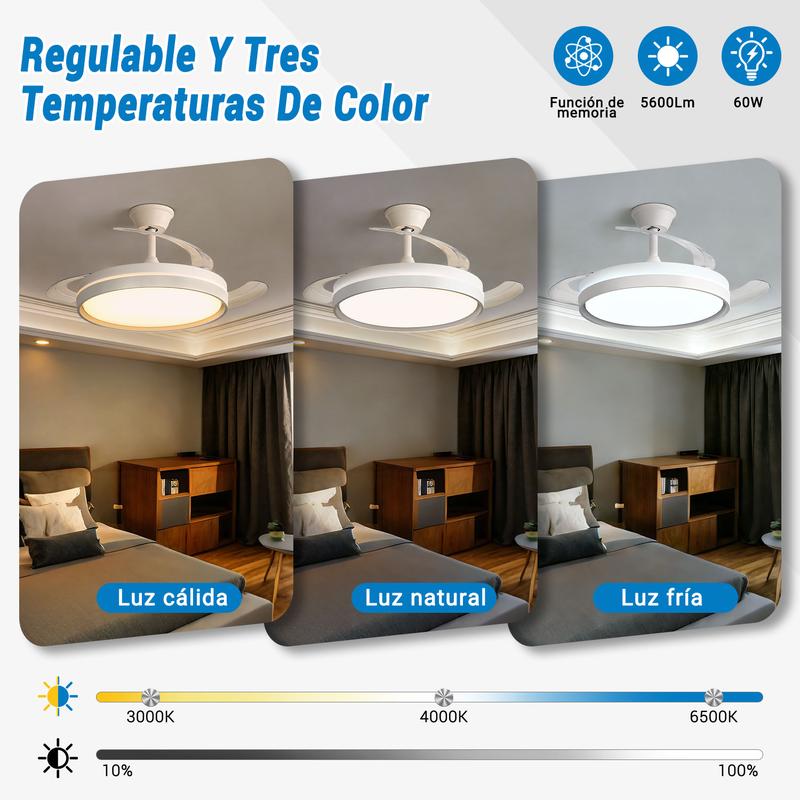 Retractable Ceiling Fan with LED Light, 3-Color Dimmable Flush Mount Fan Light with Remote Control, Modern Low Profile Ceiling Fan for Bedroom Living Room-TTT