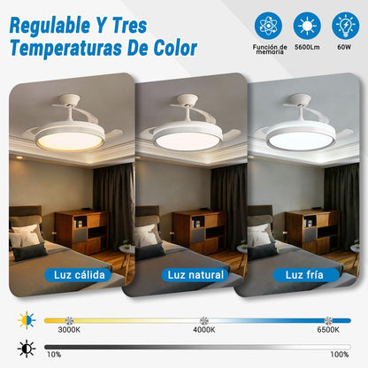 Retractable Ceiling Fan with LED Light, 3-Color Dimmable Flush Mount Fan Light with Remote Control, Modern Low Profile Ceiling Fan for Bedroom Living Room-TTT