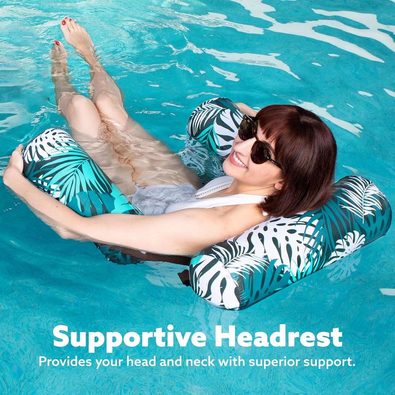 Floating Water Hammock Lounge Chair, 4-in-1 Inflatable Pool Float with Headrest, Comfortable Pool Chair for Adults, Tropical Print-TTT
