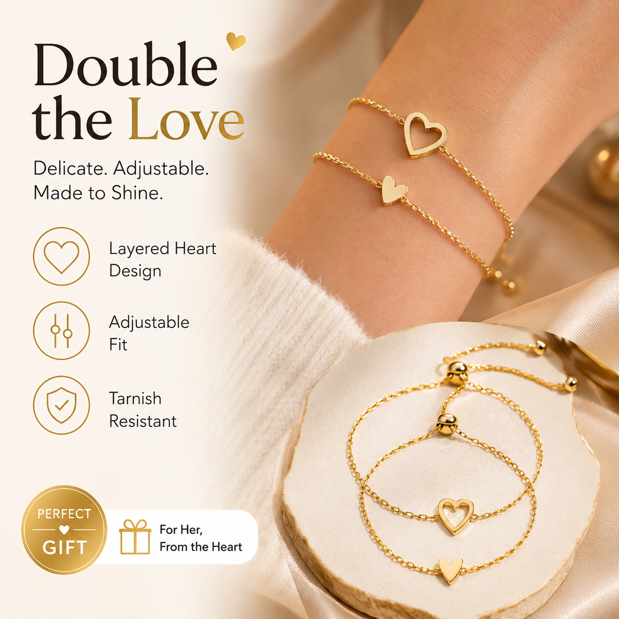 Luxury Gold Heart Bracelet for Women Adjustable Elegant Chain Bracelet Fashion Jewelry-YOY