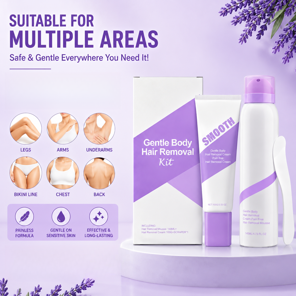 💜 No-Stress Hair Removal Kit - Painless, Long-Lasting Cream & Mousse for Legs, Arms, Underarms & Bikini, Silky Smooth Results