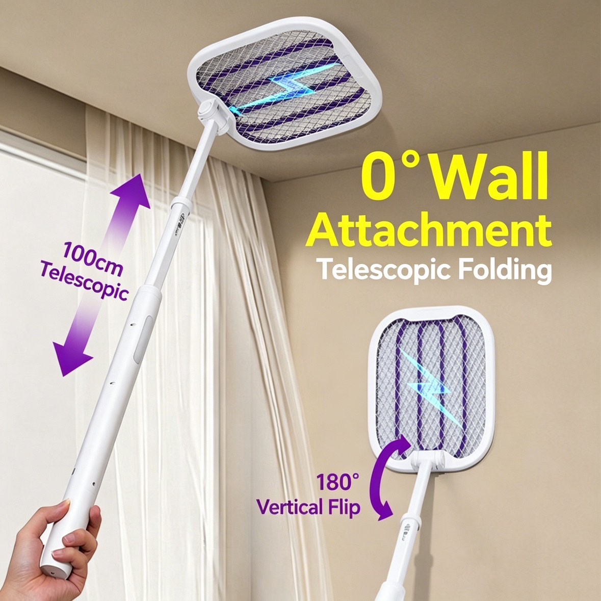 Telescopic Foldable Electric Fly Swatter, 3500V High Voltage Bug Zapper Racket with UV Light-XXS