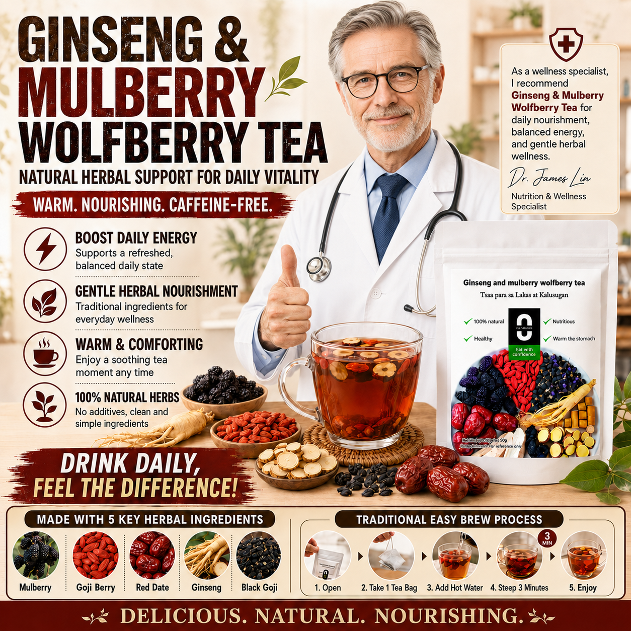 ✅🏆 Vitality Ginseng & Mulberry Wolfberry Tea, Natural Energy Support -XLB