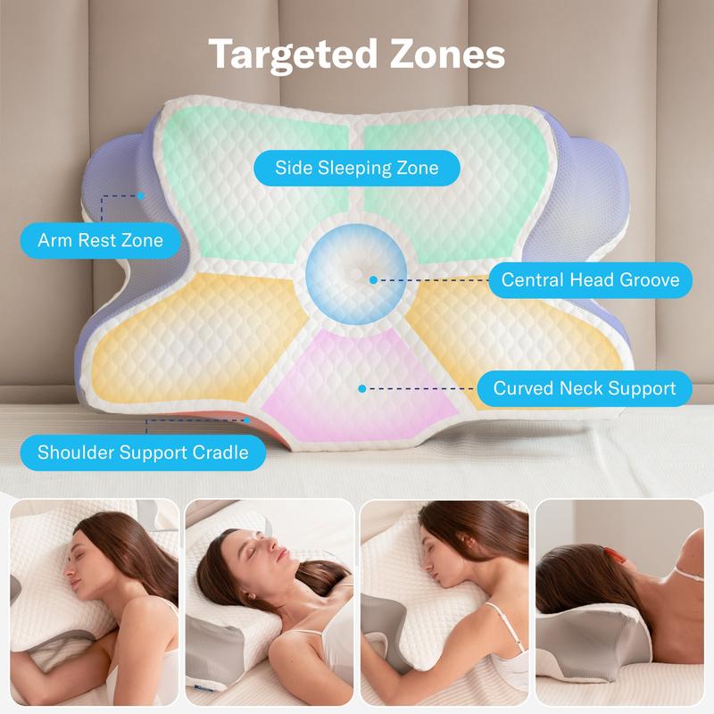 Contoured Memory Foam Pillow, Ergonomic Cervical Pillow for Neck and Shoulder Pain Relief, Supportive Pillow for Side, Back, and Stomach Sleepers-TTT