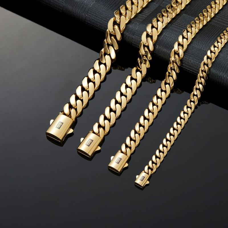 8-14MM Black S Clasp 14K Gold Cuban Link Chain Necklace Bracelet Set For Men Chunky Hip Hop Jewelry Stainless Steel Chain-TTT