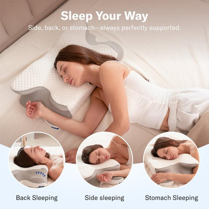 Contoured Memory Foam Pillow, Ergonomic Cervical Pillow for Neck and Shoulder Pain Relief, Supportive Pillow for Side, Back, and Stomach Sleepers-TTT