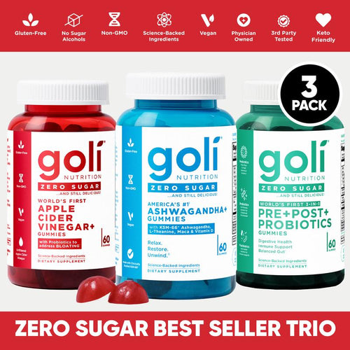 Zero Sugar Best Seller Trio - World's First 3-in-1 Pre, Post, Probiotic, Apple Cider Vinegar with Vitamin B12 and Probiotics To Address Bloating, Ashwagandha & L-Theanine, Vitamin D gummies-SUY