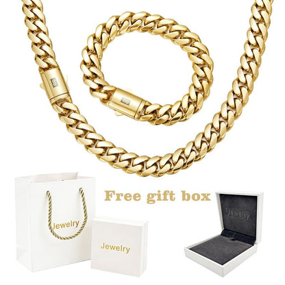 8-14MM Black S Clasp 14K Gold Cuban Link Chain Necklace Bracelet Set For Men Chunky Hip Hop Jewelry Stainless Steel Chain-TTT