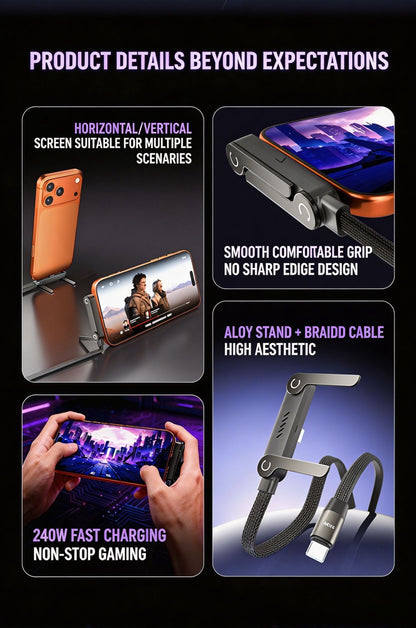 📱No More Blocked Charging!📱 240W Fast Charge Cable with Foldable Phone Stand - Charge & Stream Hands-Free-VEX