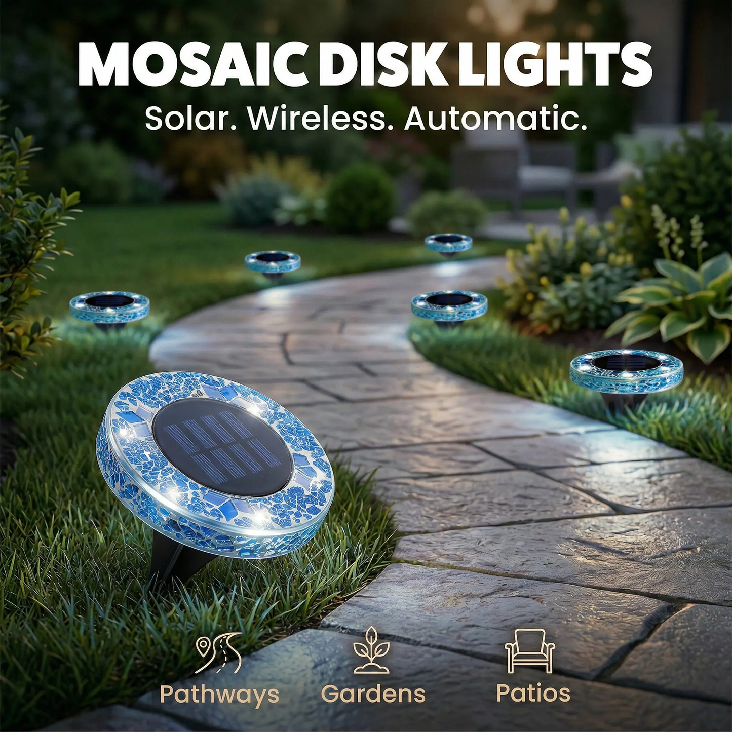 Solar Outdoor Mosaic Disk Lights, Waterproof Decorative Pathway LED Light, Auto On/Off-VIM